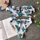Women Floral Print Ruffle Bandeau High Waist Bow Bikinis Swimsuit