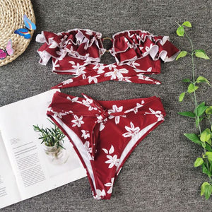 Women Floral Print Ruffle Bandeau High Waist Bow Bikinis Swimsuit