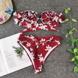 Women Floral Print Ruffle Bandeau High Waist Bow Bikinis Swimsuit