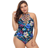 Women Plus Size Cross Hollow Neckline Flower Print One-Piece Swimsuit