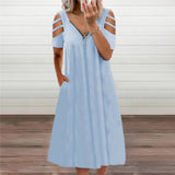Women's Solid Color Casual Off-shoulder V-neck Zipper Short-sleeved Loose Dress
