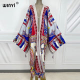 Boho Print Self Belted Front Open Long Kimono