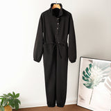 Winter Fleece Stand-up Collar Zipper Lace Up Joggers Jumpsuit