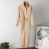 Winter Fleece Stand-up Collar Zipper Lace Up Joggers Jumpsuit