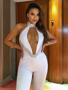 Beaded Hollow Mesh Turtleneck Bodycon Jumpsuit